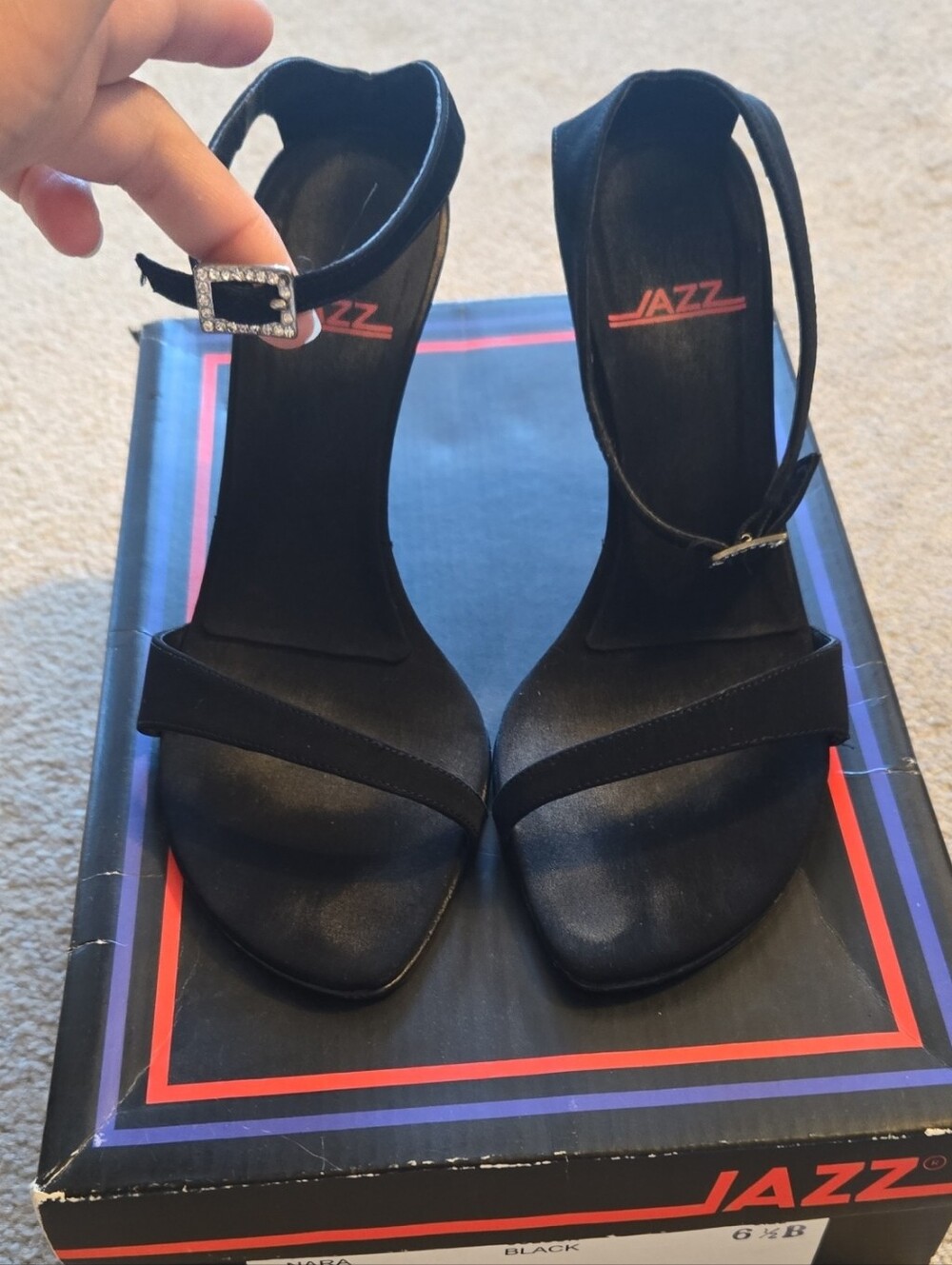 Black Satin Ankle-Strap Heels with Rhinestone Buckle